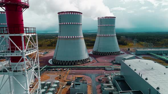Power Units and Cooling Towers with Steam and Smoke From a Nuclear Power Plant