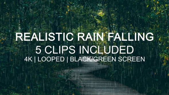 5 Rain Falling 4K Clips with Black and Green Screen alt