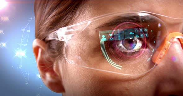 Businesswoman using virtual reality glasses alt