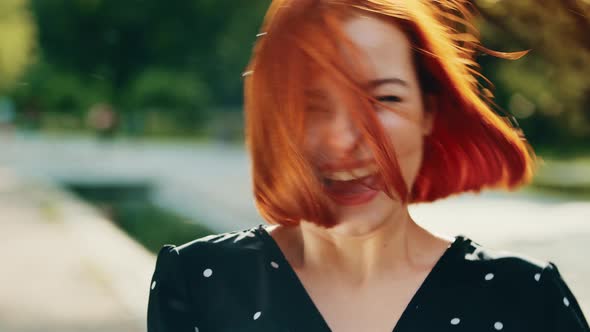 Happy Female Dancer Young Caucasian Woman Redhead Girl Model Winner Waving Head Active Dancing alt