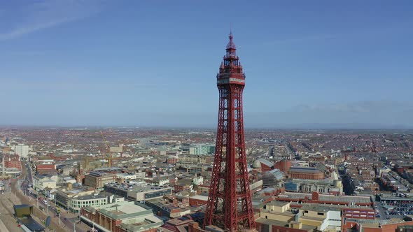 Stunning aerial view, footage of Blackpool Tower  from the sea of the award winning Blackpool beach, alt