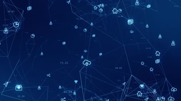 Blue technology futuristic icon with mesh network connection abstract background seamless loop video