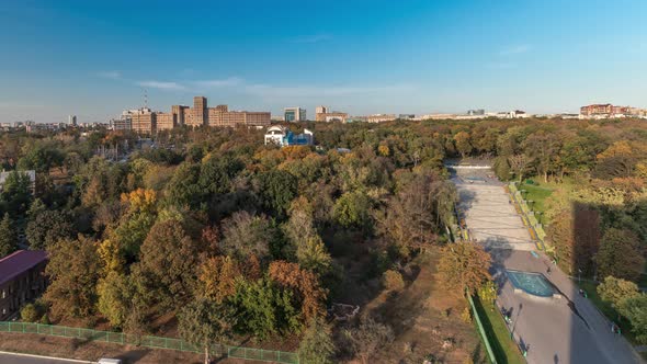 Aerial Panoramic View to a Staircase with Fountains in the Shevchenko Garden Timelapse alt