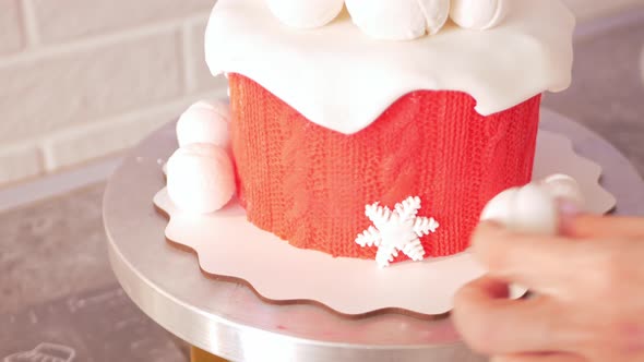 Confectioner Decorates Winter Cake for Holiday Christmas New Year