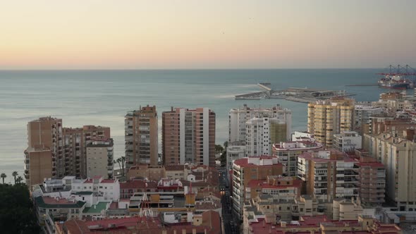City and sea at sunset, Malaga, Spain