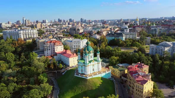Aerial Drone Video Famous St. Andrews Church and Panorama of Kyiv, Ukraine alt