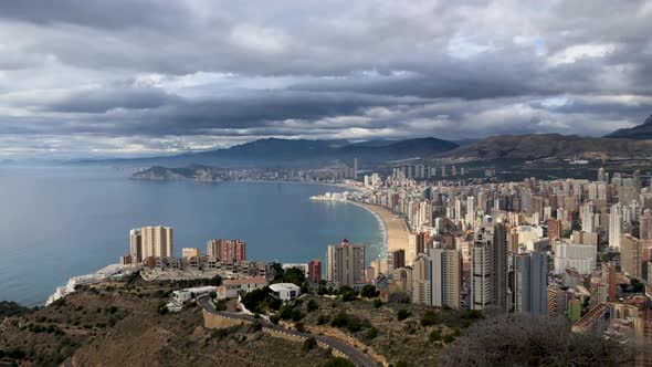 The beautiful south beach at Benidorm, aerial footage showing hotels