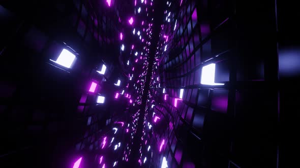 Glowing rotating violet and blue neon squares.