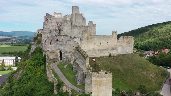 Aerial view of Beckov Castle in the village of Beckov in Slovakia alt