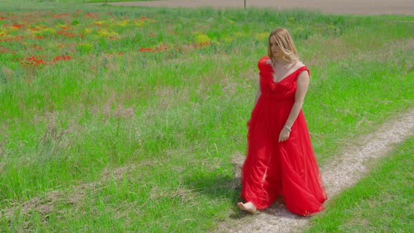 Beautiful Woman in Red Elegant Dress Walks on the Green Grass alt