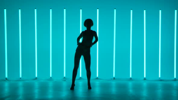 Ilhouette of a Young Woman in Full Growth Dancing Elements of Modern Dance in the Studio Against a alt