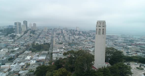 Aerial view San Francisco California USA Coit Tower Telegraph Hill on a cloudy day alt