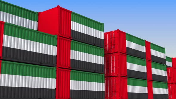 Container Yard Full of Containers with Flag of the UAE alt