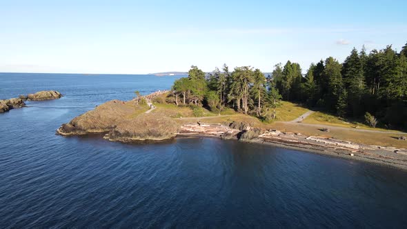 Drone approaching Neck Point Park in Nanaimo, British Columbia during late afternoon with medium spe alt