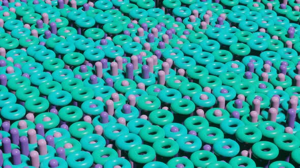 Abstract animated background with 3d render multicolor torus and cylinders. Seamless loop alt