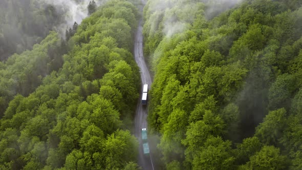 Flying Through Fog Over Road and Forest Following two Trucks During Summer