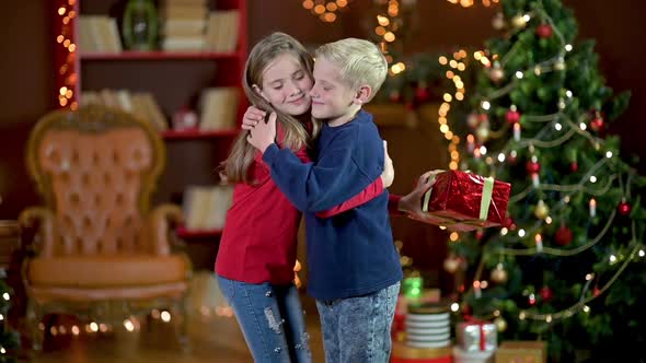 Brother and sister hug in a stone cushion against the background of a festive Christmas tree