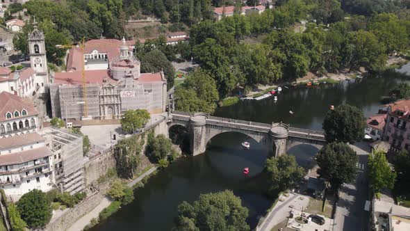 Sao Goncalo Bridge over the Tamega River, Amarante, Portugal. Aerial scenic view alt
