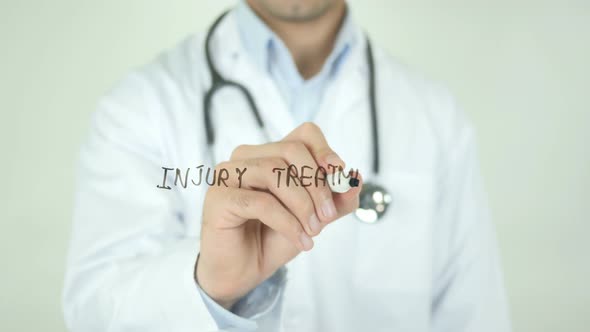 Injury Treatment, Doctor Writing on Transparent Screen alt