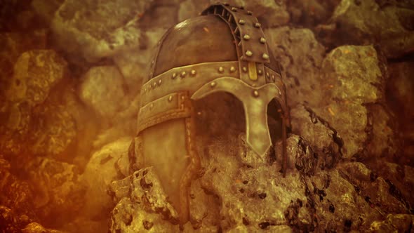 Ancient Warrior Helmet Embedded In A Volcanic Rock alt