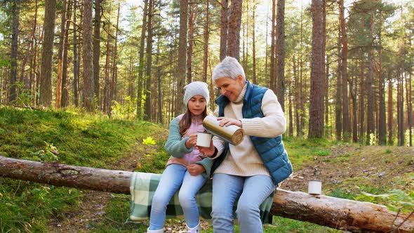 Grandma with Granddaughter Drinking Tea in Forest alt
