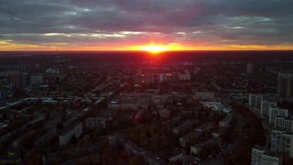 Aerial view at sunset, Kharkiv city center streets