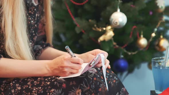 Close Up Hands of Female Writing Letter on Knees at Christmas Eve alt