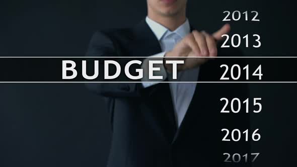2019 Budget, Businessman Selects File on Virtual Screen, Annual Financial Report alt
