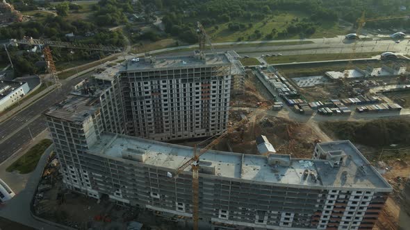 Construction Site Of A New City Block. Construction Of Multi Storey Buildings. Construction Site At