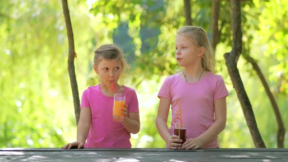 Two girls in the Park at a wooden table drink healthy natural juice through a straw.