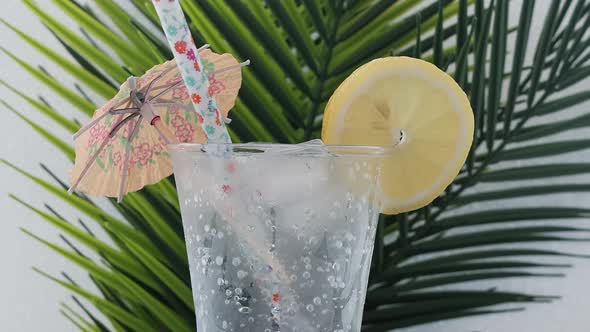 Soda Water With Lemon And Ice Cubes And Cocktail Umbrella On Palm Leaves Background