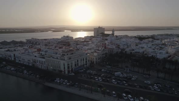 Aerial view of historic Ayamonte town against Guadiana River at sunset, Huelva, Spain alt