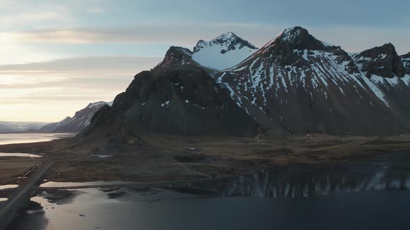 Aerial View of Vestrahorn at Stokksnes Beach Before Sunset. Iceland. Winter 2019