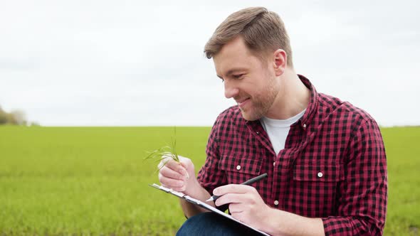 Farmer Studies the Growth of Green Wheat and Writes Out the Indicators in the Notebook alt