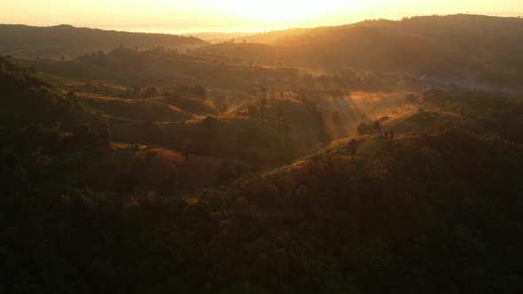 4K Aerial view of Mountains landscape with morning fog. alt