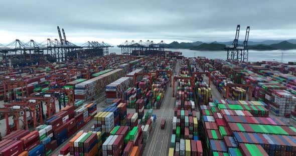 Aerial footage of Yantian international container terminal in Shenzhen city, China alt