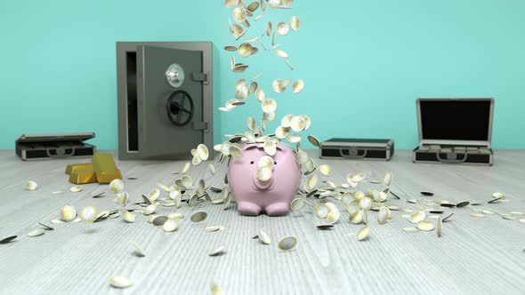A lot of coins fall on the pink piggy bank of money 3D animation