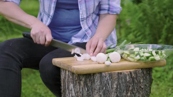 Close Up of Female Hands Making Vegetable Salad in Garden Outdoor alt