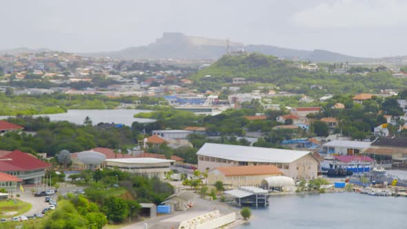 Overlooking the urban city of Willemstad on the Caribbean island of Curacao. Wide angle focus rack alt