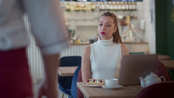 Attractive Longhaired Girl Asks Waiter to Take Away Nice Toocalorie Cake