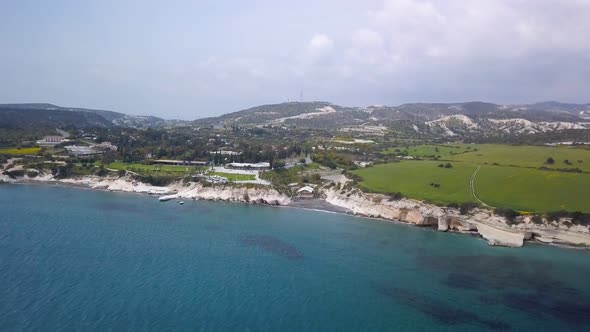 Governors Beach in Cyprus Coastline, Aerial View, Amazing Blue Sea Water, Bright Green Grass