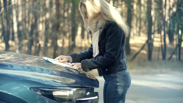 Autumn Weekend Vacation Road Trip On Car. Woman Have Road Travel On Fall. Traveler Using Map. alt