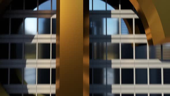 tall building in the business district. epic camera ride along the building golden dollar