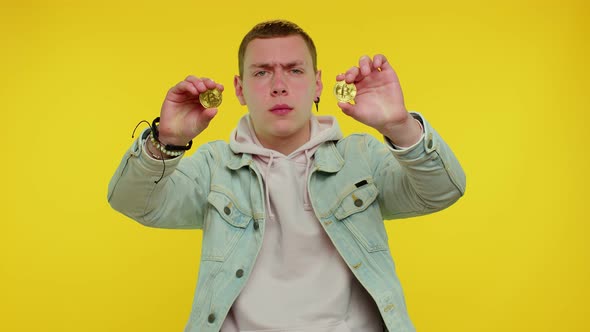 Teenager Man Showing Golden Bitcoins Career Cryptocurrency Investment Mining Future Technology alt