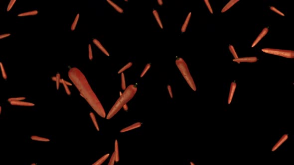 Falling carrots on a black background 3D animation