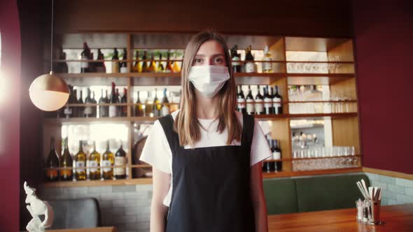 Coffee Shop Restaurant Woman Owner Working With Face Mask Open After Lockdown Coronavirus Quarantine alt