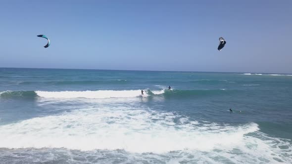 Aerial View Young Man Kitesurfing in Tropical Blue Ocean, Extreme Sport