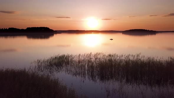 Sunset Over Lake Aerial Shot.