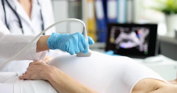 Doctor's Hand with a Probe on the Belly of a Pregnant Woman alt