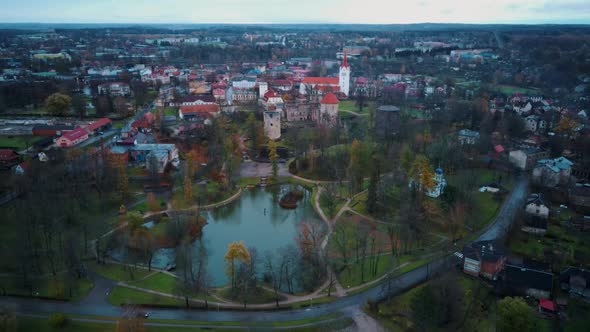 Cesis City, Latvia Aerial View With Medieval St. John’s Church and Ruins of the Beautiful Castle  alt